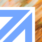 Abstract image featuring a thick blue diagonal stripe and border forming an angular shape over a blurred orange, white, and brown background.