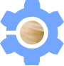 A blue gear shape with a beige circular center resembling a wooden texture, set against a light background.