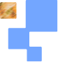 A small, blurry, orange and green square in the top left corner sits on a white background with three large overlapping blue squares arranged diagonally.