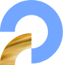 A blue circular arrow overlaps with a gold, curved line on a white background, creating a simple and modern abstract design.