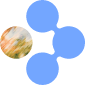 Abstract design with three connected blue circles forming an upside-down triangle shape. The top left circle is replaced by a circular image of a soft, blurred landscape in pastel colors.